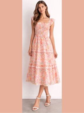 Haute Hippie Georgia Peach Floral Cottage Maxi Dress 🤍🧺🌿